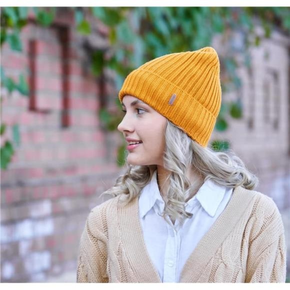 Men\'s Fleece Lined Cuffed Beanie Knitted Winter Wool Beanies, Gold main image 4